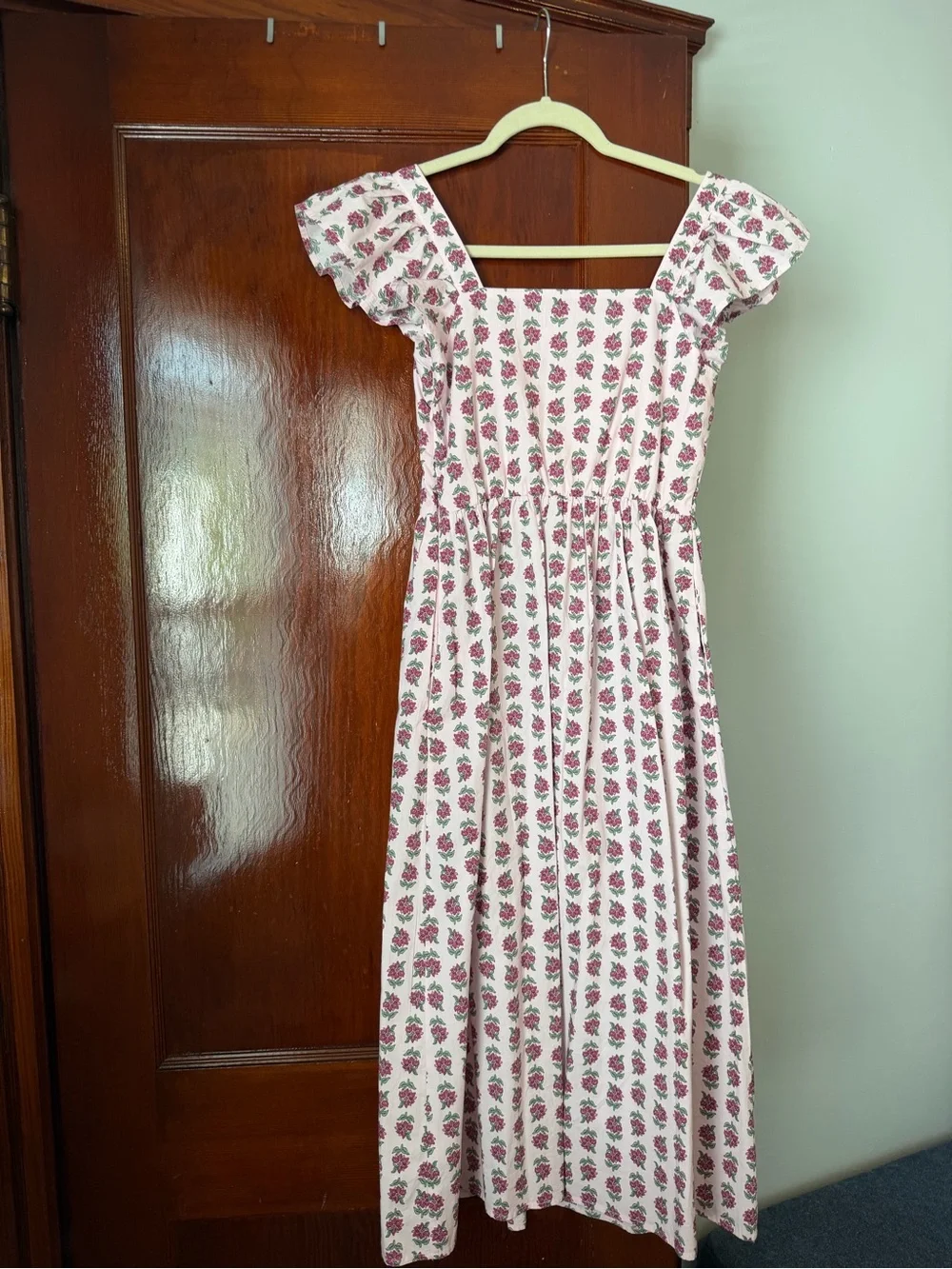 J.Crew Pink Floral Square Neck Ruffle Sleeve Midi Dress